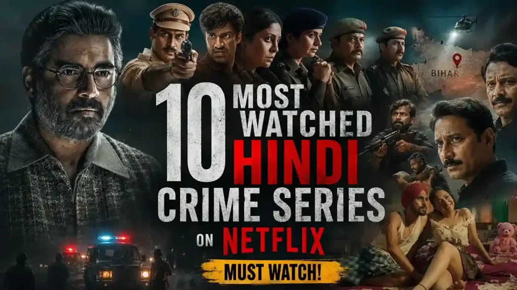 Collage featuring popular Hindi crime series on Netflix characters, police officers, gangsters and investigators from top Indian crime thrillers including Delhi Crime and Khakee, highlighting the 10 most watched Hindi crime series on Netflix.