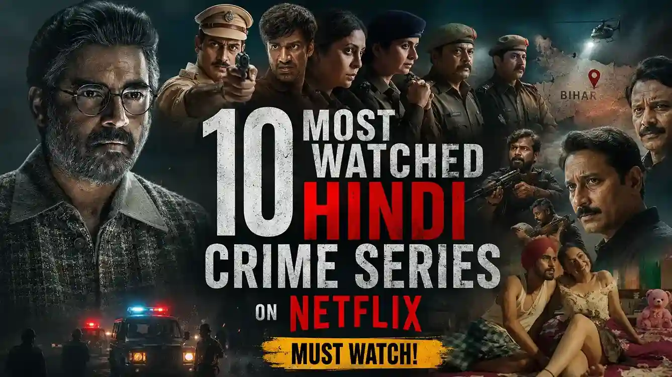 Collage thumbnail featuring popular Hindi crime series on Netflix characters, police officers, gangsters and investigators from top Indian crime thrillers including Delhi Crime and Khakee, highlighting the 10 most watched Hindi crime series on Netflix.