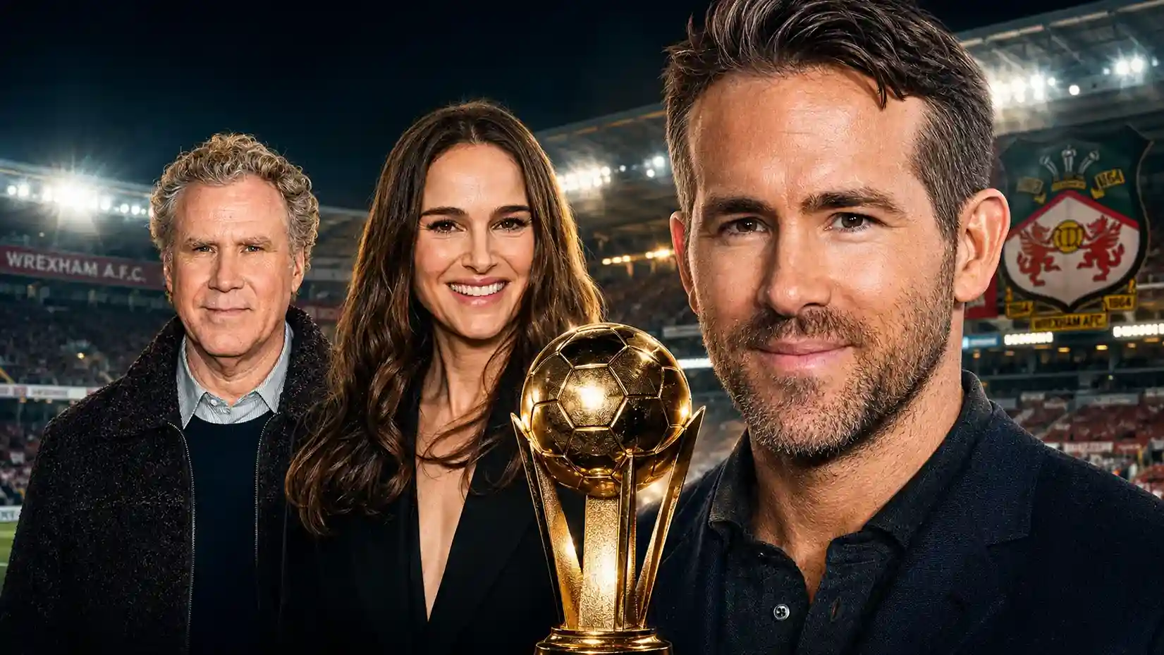 Ryan Reynolds, Natalie Portman and Will Ferrell with a football trophy inside a stadium representing Hollywood celebrities who own football clubs.