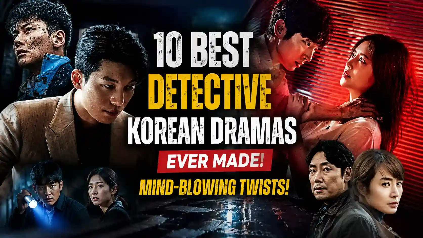 Ultra-realistic thumbnail featuring Signal, Flower of Evil, Mouse, and The Worst of Evil, highlighting the best detective Korean dramas ever made with crime, mystery, and thriller themes.