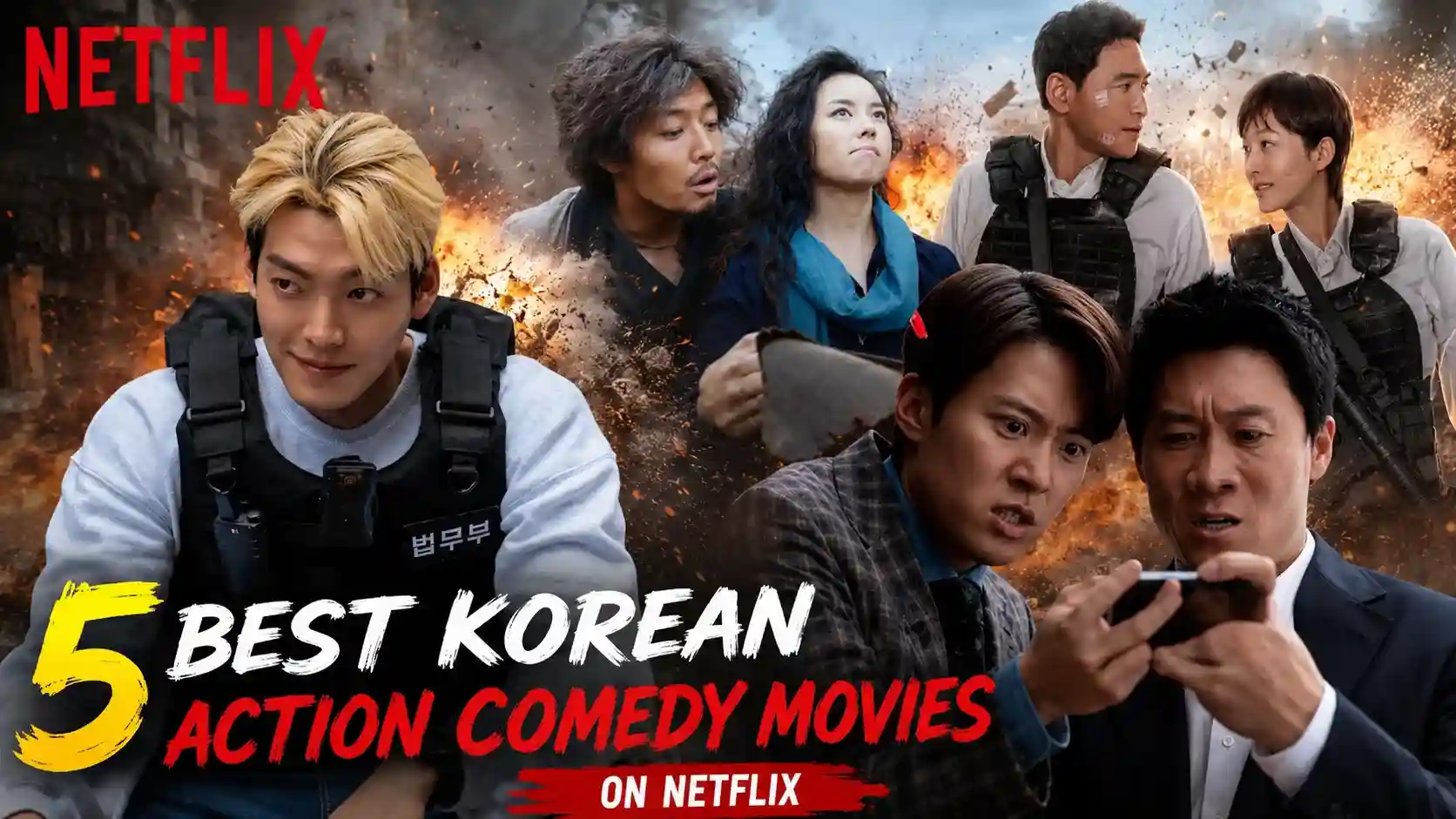 Best Korean Action Comedy Movies on Netflix featuring action scenes and comedy moments from popular Korean films husbands in action, Mission: Cross, Officer Black Belt.