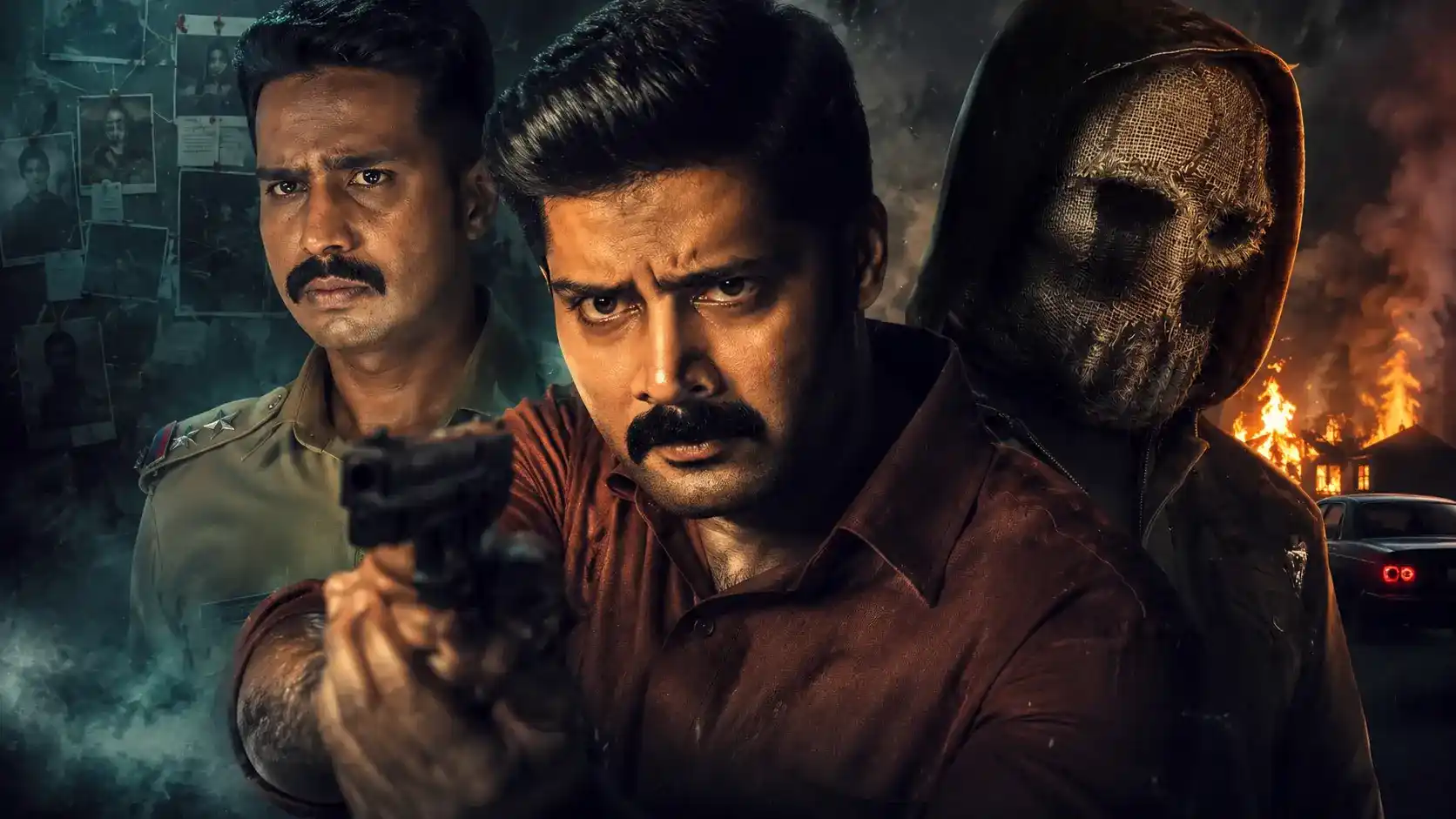 Collage of police officers and a masked serial killer representing the best police investigation movies on JioHotstar with a dark crime thriller theme.