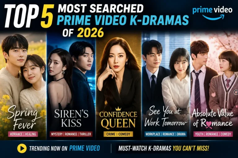 Top 5 most searched Prime Video K-dramas of 2026 featuring Spring Fever, Siren's Kiss, Confidence Queen, See You at Work Tomorrow, and Absolute Value of Romance