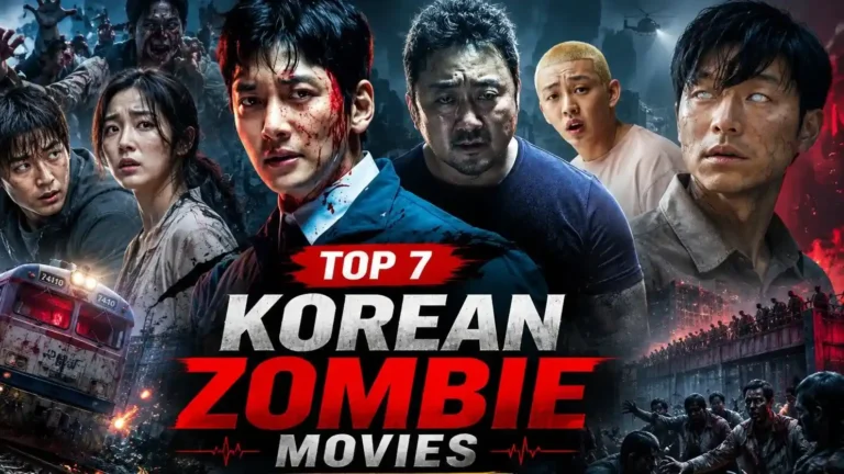 Top 7 Korean Zombie Movies Ranked featuring Train to Busan, #Alive, Colony, Peninsula, Rampant, Gangnam Zombie, and Korean zombie survivors.