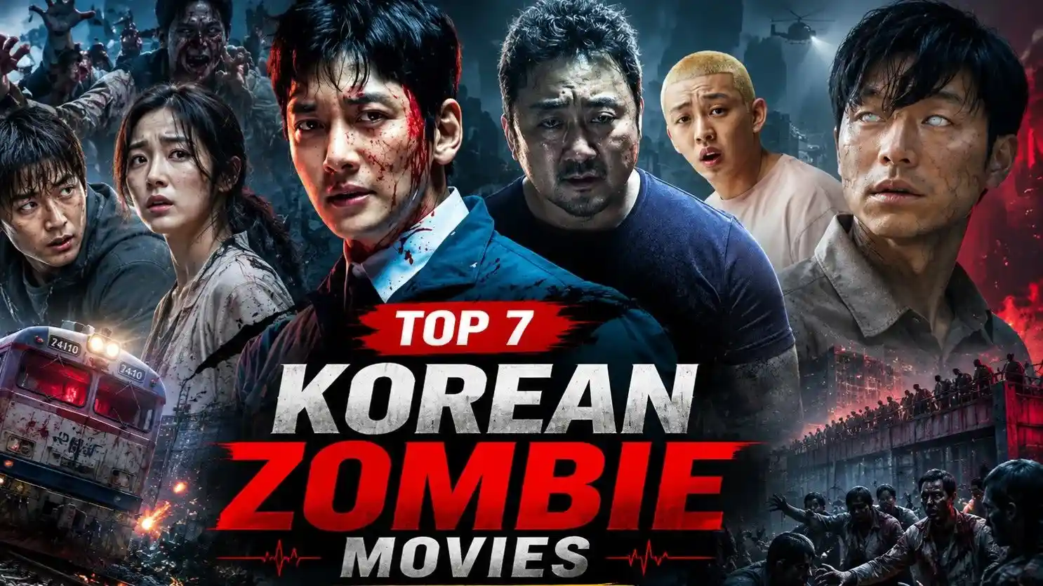Top 7 Korean Zombie Movies Ranked featuring Train to Busan, #Alive, Colony, Peninsula, Rampant, Gangnam Zombie, and Korean zombie survivors.
