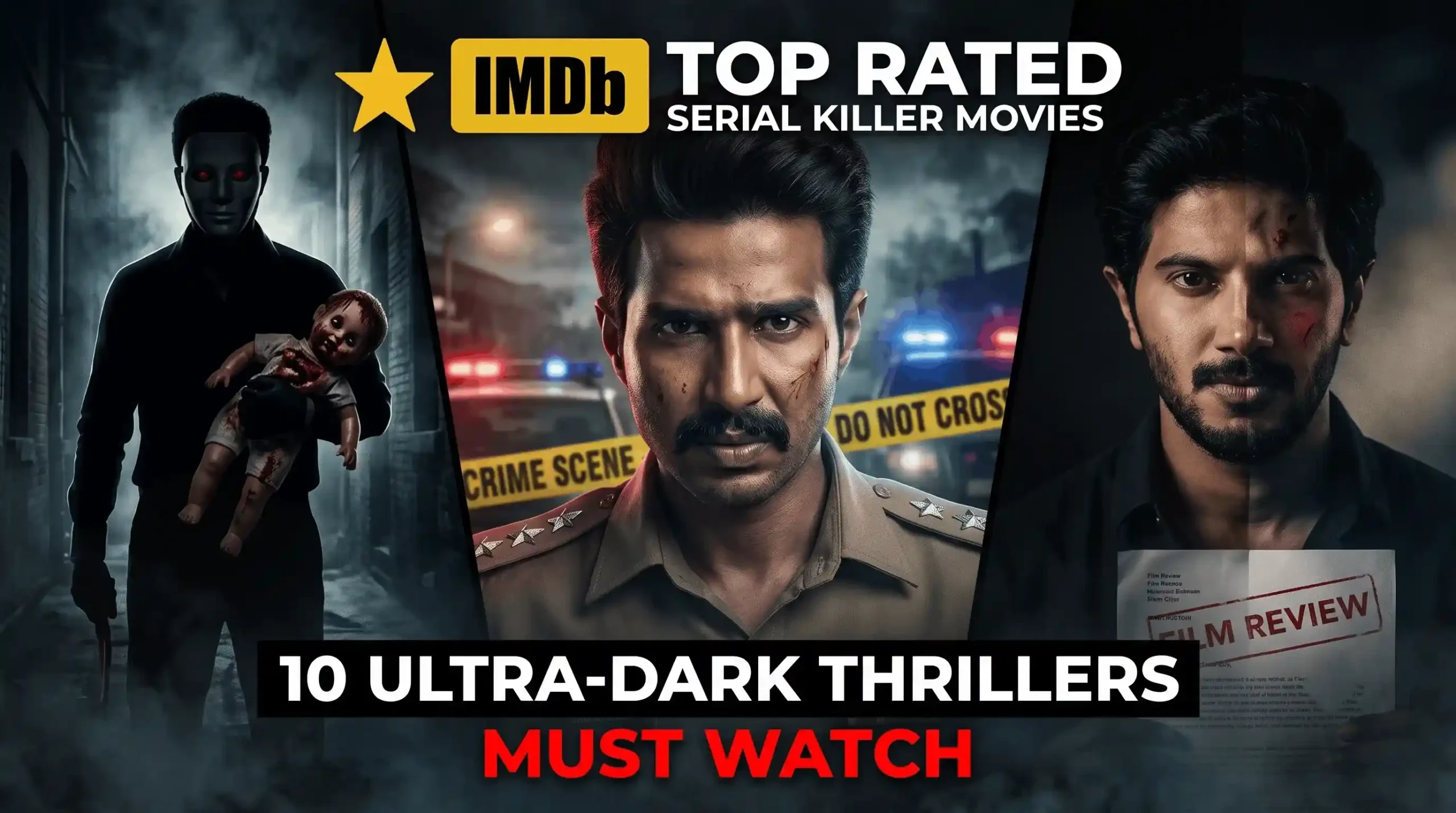 Top 10 best Indian serial killer movies list with IMDb ratings poster featuring Ratsasan and Por Thozhil