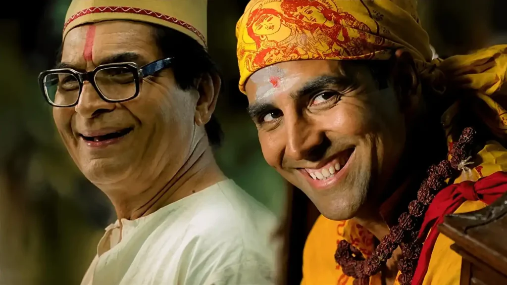 Akshay Kumar and Paresh Rawal smiling in an iconic comedy scene from Bhool Bhulaiyaa, featured in the Best Bollywood Comedy Movies on Netflix list.