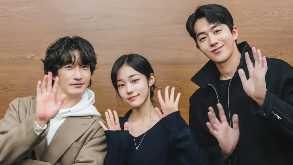 The East Palace main cast featuring Cho Seung-woo, Roh Yoon-seo, and Nam Joo-hyuk during Netflix's official promotional event.
