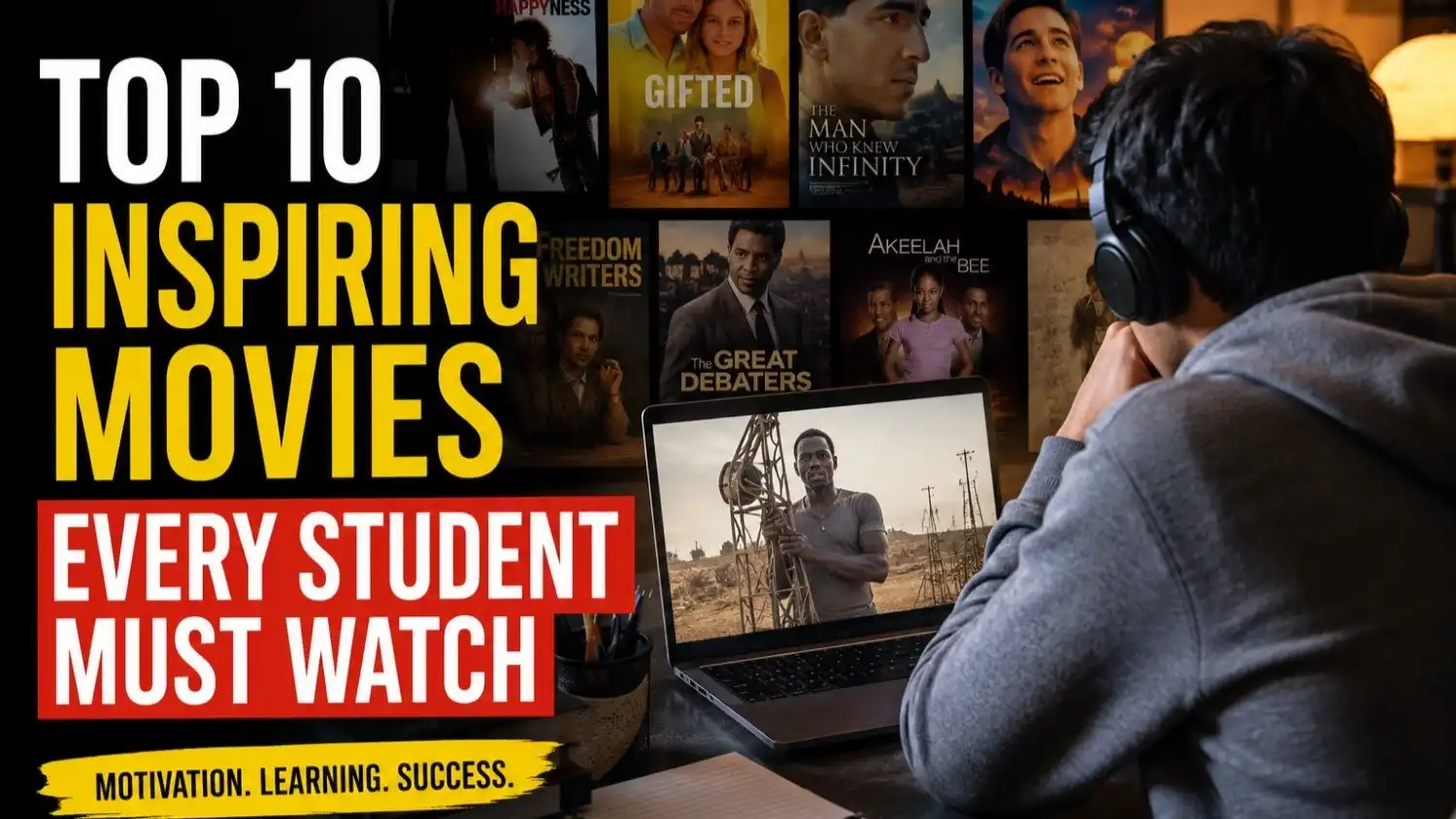 A student watching inspiring educational movies on a laptop with posters of motivational films in the background, representing the top 10 inspiring movies for students.